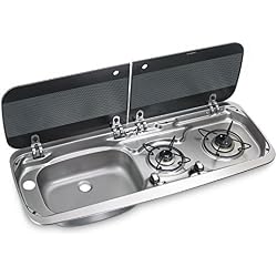 DOMETIC HSG 2370 L Combiné plan de cuisson à deux feux et évier, placé à gauche, avec couvercle en verre, p370xh152xl900mm