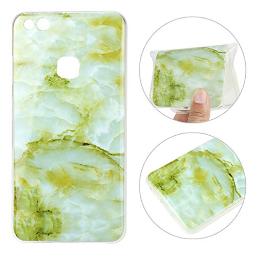 Huawei P10 Lite Hülle Silikon, Rosa Schleife Schutzhülle für >Huawei P10 Lite< Ultra Dünn Slim Case Flexible Soft Weich TPU Silicone Backcover Bumper Schale Handyhülle mit Bunte Marmor Muster , Grün Gelb Marmor