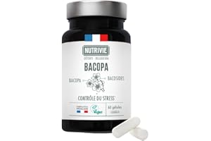 Bacopa Monnier - Hautement dosé 800mg d'extrait - Titré à 20% de Bacosides - Mémoire, Motivation & Gestion du Stress - 60 gélules - Fabriqué en France - Nutrivie