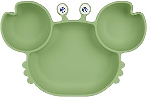 Vicloon Silikonowa Płytka dla Niemowląt z Przyssawką, Bez BPA, Dzielone Talerze Pasujące do Większości Stołów i Krzesełek, Zielony Krab