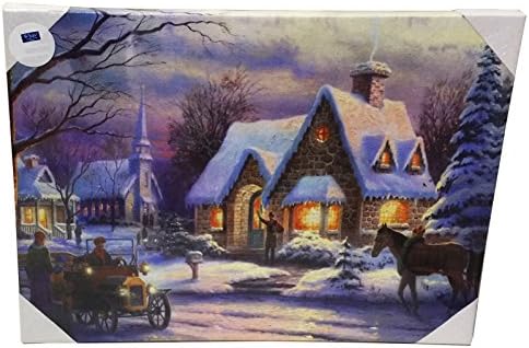 Christmas Fiber Optic LED Tapestry Wintry Wall Hanging Picture Canvas (40 x 30cm, LED Snowy Street With Horse &amp; Old Car)
