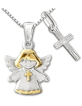 CLEVER SCHMUCK-SET 2 Silberne Anhänger Kinderengel 13 mm Kreuz tragend bicolor glänzend teilvergoldet und ein...