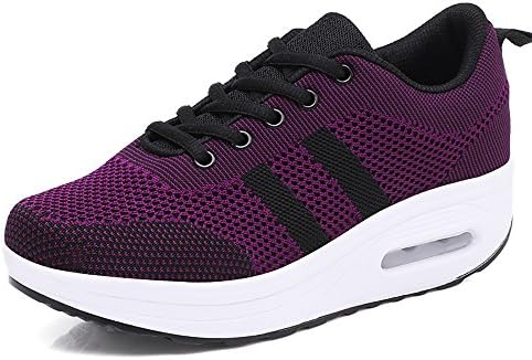 Tlingit Women Running Trainers Athletic Shoes Platform Ladies Air Sole Shock Absorbing Shake Sneakers Gym Wedges Lace-up Mesh Thick Bottom 5cm Black Pink Purple White UK2-UK5.5 Purple UK3.5
