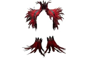 URFEDA Unisex Feather cape women's natural feather shawl gothic underarm poncho collar cuffs bracelets wrist for Halloween Masquerade cosplay costume,Big Red