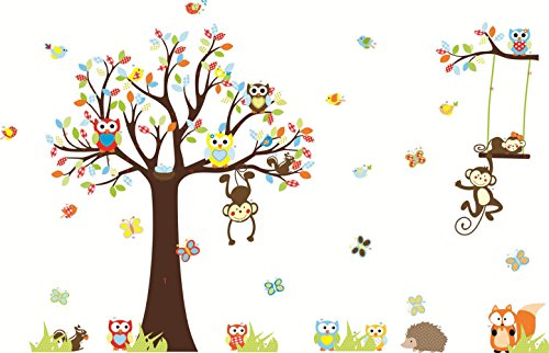 Wand Sticker Aufkleber Papier Kunst Dekoration Fröhliche Tiere Löwe Wald Baum Deko Dschungel-Affe-Waldtierwandaufkleber Eichhörnchen und Eule Schaukel Spiel - 4