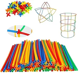 QEXLE ack of 100pcs DIY Plastic Brick Set 4D Space Children Intelligence Plastic Pipe Blocks Building Toys Straws(100pcs) and connectors((Building Toys 100 PC)