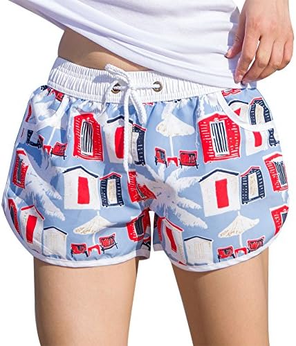 Uskincare Women's Quick Dry Board Shorts Printed Beach Swim Wear Surfing Holiday Casual Pants (L Waist:57-66cm, 5-House Pattern)