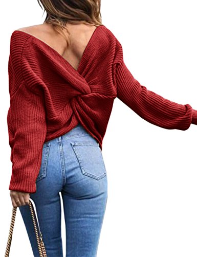 Femme Casual V-Col Lâche Automne Irrégulier Manches Chauve-souris Longue Pull-over Shirt Sexy (vin rouge)