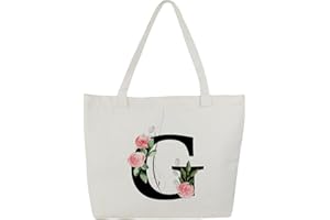 Blisswave Tote Bag Personalizada, Bolsas de Tela Personalizadas de la A a La Z con Nombre, 100% Lona de Algodón, Bellamente Impresa, Forrada, Regalo Personalizado para Mujer