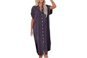 ZEIAYUAS Womens Summer Short Sleeve Button Down Denim Dress Casual Bell Sleeve Loose Fit Midi Shirt Dress with Pockets