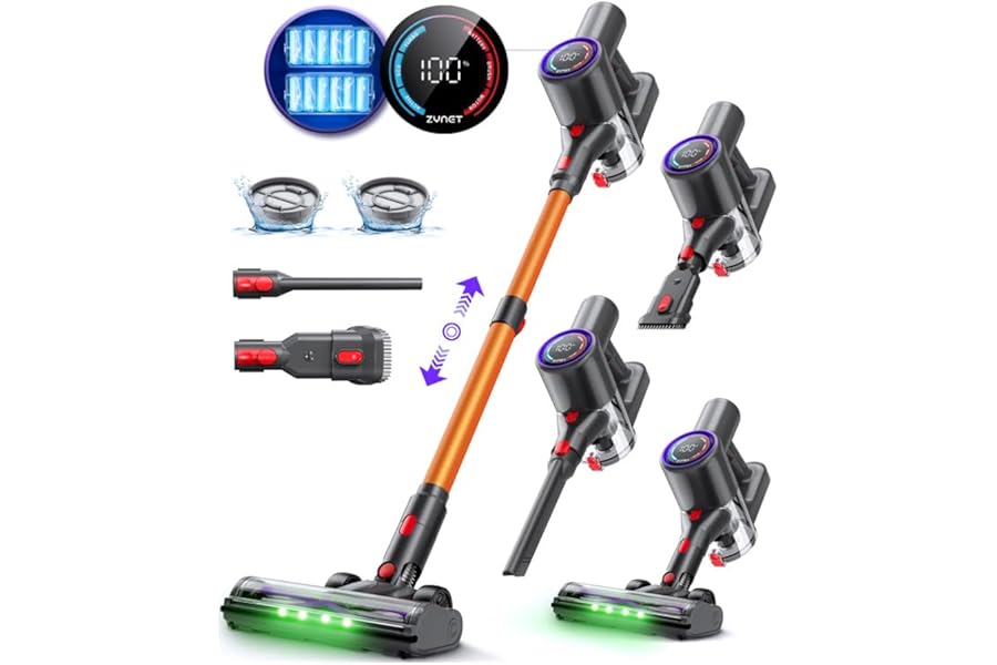 Zynet DP2 Wireless Vacuum Cleaner with Dual Battery, 45KPa/60Min/500W, LED Display, Telescopic Pole, Self-Supporting, Green LED, Wireless Electric Broom for Pet Hair/Carpets/Hard Floors