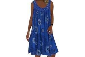 Minetom Dentelle Robe Été Femme de Plage Rétro Robes Col Rond Robes au Genou sans Manches Imprimé Floral Casual Tuniques Ample