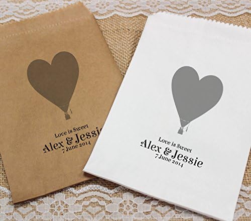 Personalised Wedding Sweet Bags HOT AIR BALLOON HEART Candy Cart Wedding Favours Confetti Engagement (150, White)