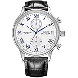 BUREI Herren Chronograph Armbanduhr Weißes Zifferblatt Römische Ziffern Display Kratzfestes Mineralglas und schwarzes Lederarmband
