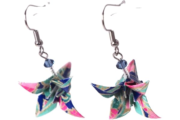 Boucles d'oreilles iris origami (Fleurs roses et verdure sur fond bleu foncé)
