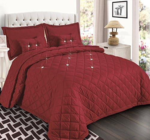 Sunrise Bedding Super Luxury Reversible Quilted Comforter Set 5 Piece Diamond Bedspread Bedding Set With Matching Pillow Shames and Filled Cushions (Burgundy, King (235 x 255 CM))