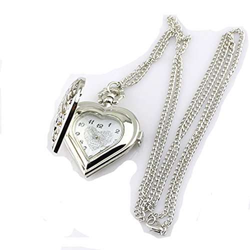 Hohl herzfrmig Taschenuhr Halskette Kette fr Damen Pocket Watch Silbrig