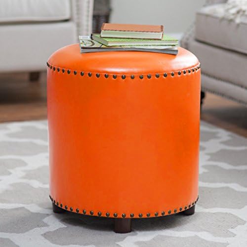 UUSSHOP Wood Seating Footstool Footrest Ottoman Pouffe Round Chair Foot Stool with Luxury FAUX Oil Wax Leather Cover, Handcrafted Rivets Edge-Sealing (Orange)