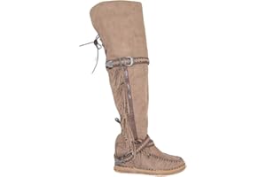 Malu Shoes Stivali donna indianini taupe scamosciati alti sopra al ginocchio frange zeppa interna 5 cm cinturino fibbia moda ibiza