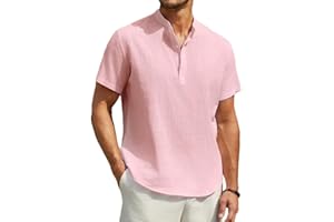Enlision Chemise Lin Homme Manches Courtes Col Mao Chemise Été Hommes Leger en Coton Lin Chemise de Plage Classique Casual Henley Shirt S-4XL