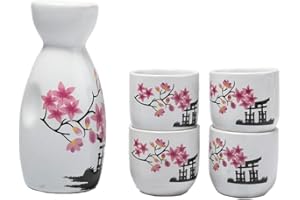 lachineuse - Service à Sake Traditionnel - Pagode et Fleurs de Cerisier - avec 4 Bols & Carafe - Cadeau Vaisselle Asiatique - Service Saké Traditionnel Porcelaine Japon - Idée Cadeau Asie