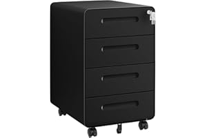 HOMSTEEL Rollcontainer, Mobiler Aktenschrank mit Schloss, Abgerundeten Ecken, 4 Schlüssel, 4 Schubladen, Büroschrank aus Metall, Bereits Vormontiert, für Büro, Heimbüro, 46T x 40B x 64H cm, Schwarz