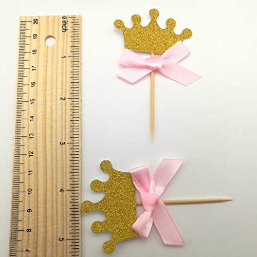 dooxoo handgefertigt Glitzer Krone Cupcake Topper Geburtstag Party Kuchen Topper Geburtstag Kuchen Dekorationen – Gold Pink Bow - 4
