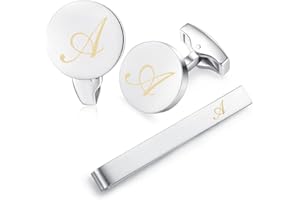 HONEY BEAR Initial Alphabet Letter Cufflinks Tie Clip Set for Mens - Brushed Silver Round Stainless Steel, for Business Wedding Gift A - Z