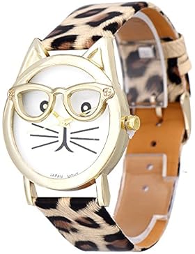Culater Schön Brille Katze Damen Uhr Analog Quarz Armbanduhr Khaki