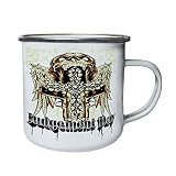 Cráneo del día del juicio con la cruz de las alas del ángel Retro, lata, taza del esmalte 10oz/280ml w723e