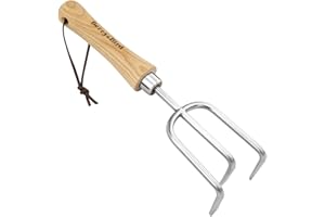 Berry&Bird Stainless Steel Hand 3 Prong Cultivator, Garden Hand Tool with Ergonomic Wooden Handle and Leather Strap, Hand Rake, Garden Hand Fork for Weeding, Turning Soil, Cultivating