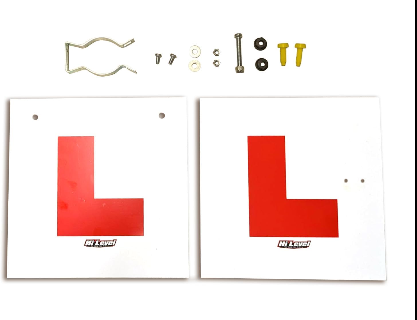 Hi Level Rigid motorcycle L Plate Kit. Front & rear with fork leg mounting bracket. All fittings included and pre drilled holes in both plates.