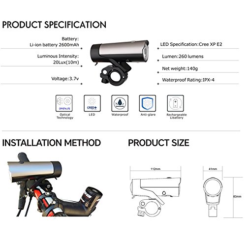 AcTopp LED wiederaufladbares Fahrradlicht USB Frontlicht STVZO Zugelassen Fahrradbeleuchtung Fahrradscheinwerfer mit integrierten 2600mAh Akku Taschenlampe - 8
