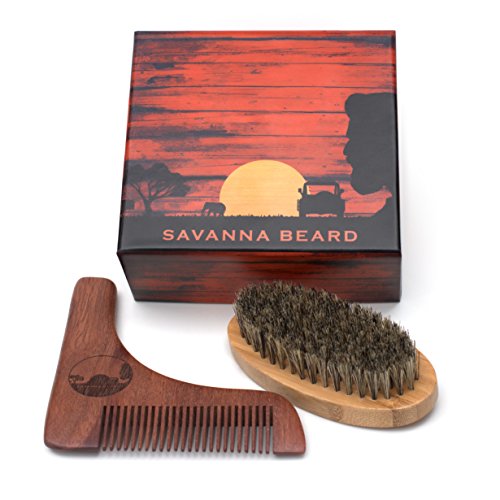 SAVANNA BEARD Beard Brush & Comb Set - Premium Grooming Beard Kit - Red Sandalwood Beard Shaping Tool for Perfect Shaving Symmetry and 100% Boar Bristle Beard Brush in Stylish Package - Ideal Gift