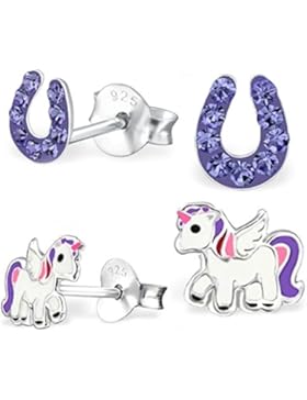 GH* 2 PAAR Kristall Hufeisen + Pegasus Einhorn SET Ohrstecker 925 Echt Silber Mädchen Kinder Ohrringe Glücksbringer...