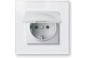 BSEEDLIFE Schuko Steckdose mit Wasserdichter Abdeckung, Unterputz 86 * 86mm, 16A EU-Steckdose mit Glasrahmen, Spritzwassergeschützt für Bad/Küche, Einfache Installation (Klappkrallen), 1-Fach Weiß