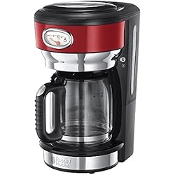 Russell Hobbs 21700-56 Machine à Café, Cafetière Filtre 1,25L Retro 1000W, Rapide, Plaque Chaude, Design Vintage - Rouge