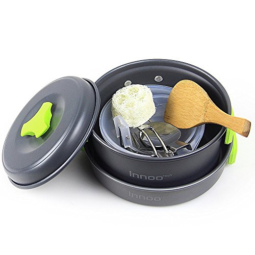 Camping Kochgeschirr | InnooTech Kochgeschirr-Set 11 tlg Kochausrüstung für Outdoor Wandern Picknick | FDA GENEHMIGTE Topf & Pfanne aus Aluminium und Edelstahl | faltbare Löffel & Gabel - 2