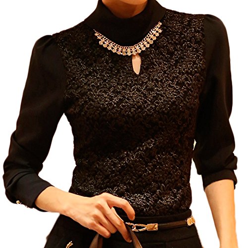 DSD01 2015 Women Lace Office Long sleeve Slim Chiffon shirt (M, BLACK)