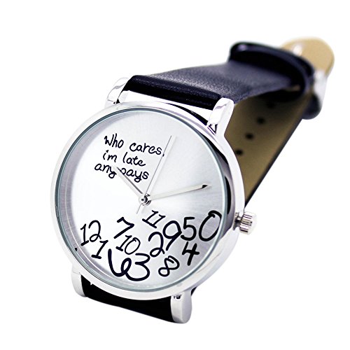 Unisex Geschenk Uhr mit Buchstaben Who Cares und Arabischen Nummern Kunstleder Armband Uhr Quarz Analog Uhr Schwarz Unisex Geschenk Uhr mit Buchstaben Who Cares und Arabischen Nummern Kunstleder Armband Uhr Quarz Analog Uhr Schwarz
