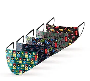 ANGARIKA Washable Fabric Face Cover for Kids. Anti-Bacterial/Anti-Virus/Anti-Pollution/Anti-Dust. 100% Cotton Digital Printed Three Layer (Pack of 5)