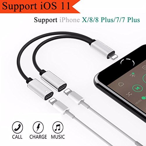 Lightning Adapter for iPhone X iPhone 8/8 Plus iPhone 7/7 Plus 2-in-1 Dual Lightning Assist Earphone and Charge Cable Splitter For iPhone, iPod touch,Headphone Adaptor Lightning AUX Cales (Audio Playback, Answering Phone, Charging and Music Control） Compatible with iOS 11、10.3 and Later (silver)…