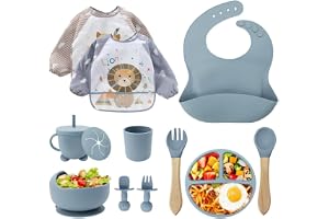 Porslinsset för bebis, silikon 12 delar, BPA-fri barntallrik med sugkopp, dryckesmugg med sugrör, silikonhaklapp, skål, träsked, babybestick – diskmaskiner