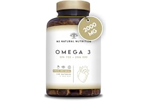 ‎N2 NATURAL NUTRITION Omega 3 Kapseln Hochdosiert mit 2000 mg Fischöl mit 700mg EPA und 500 mg DHA, Fischöl mit Vitamin E und den Omega 3 Fettsäuren. 120 Softgel-Kapsel reines Seefischöl N2 Natural Nutrition