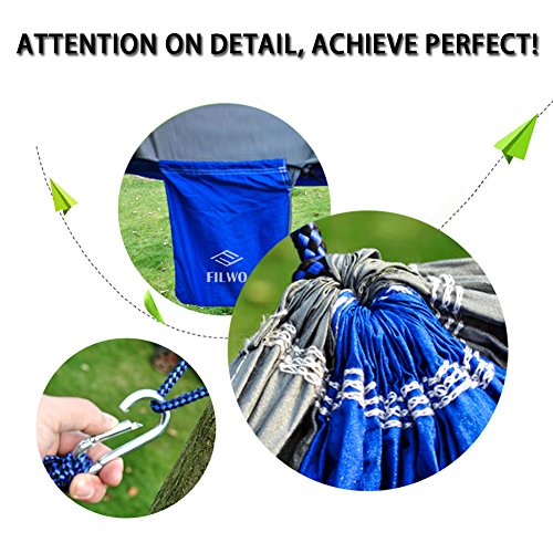 Camping Hängematte, FILWO Tragbare Hängematte für Outdoor Indoor Reise Garten Strand, Große Hängematte 270 x 140CM Tragfähigkeit bis zu 300KG 660LB für 1 oder 2 Erwachsene Doppel Hängematte (Royalblau + Grau) - 4