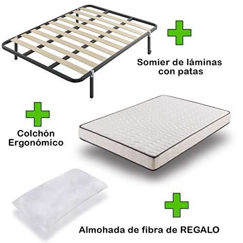 Due-home Pack Colchón eco18 + somier Basic con Patas + Almohada de Regalo 90x190