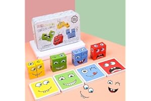 IOSCDH Holzwürfel Puzzle, Holz-Ausdruck Spielzeug Würfelpuzzle, Puzzle Bauen Würfeln Zauberwürfel Spielzeug für Kinder ab 3 Jahren, Magic Face Building Block Wooden Puzzle Montessori Toy