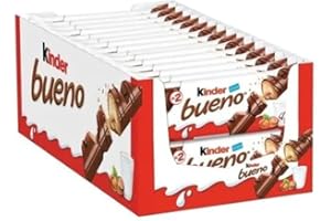 Kinder Bueno Wafer Twin Bars, Bulk Chocolate Gift Pack, Milk Chocolate Covered Wafer with Milky and Hazelnut Filling, Pack of 30 x 2 (60pcs)