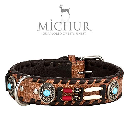MICHUR Carlota Halsband Indianer, Hundehalsband Leder Braun, Lederhalsband Hund, Halsband, MIT TÜRKISEN Steinen, in verschiedenen Größen erhältlich