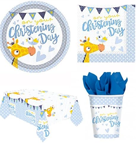 Christening Day Blue Boys Cute Giraffe 8 Guest Plates Cups Napkins Tablecover